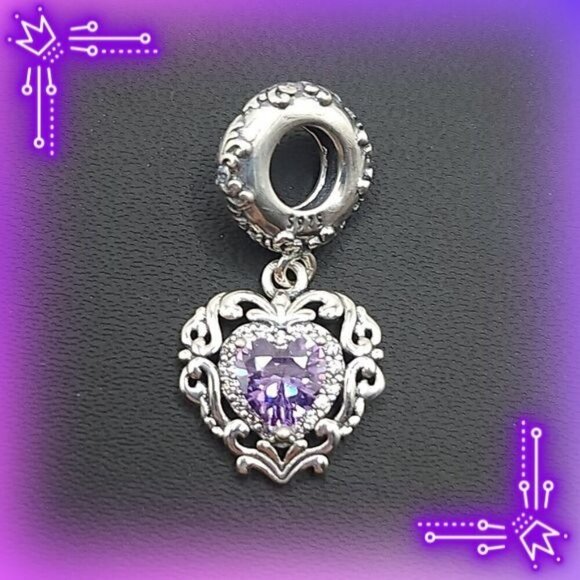 Purple Heart-Shaped Cubic Zirconia in Vintage-Style‎ Silver Charm (NWOT) - Picture 1 of 4